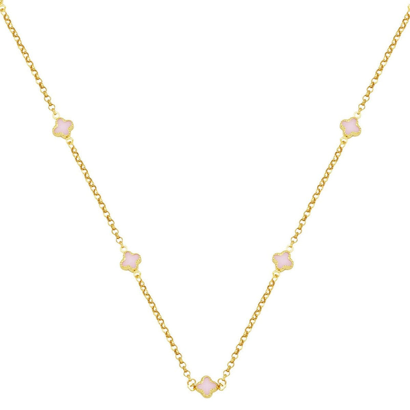 14K Yellow Gold Pink Clover Hoop Chain Cubic Zirconia Necklace