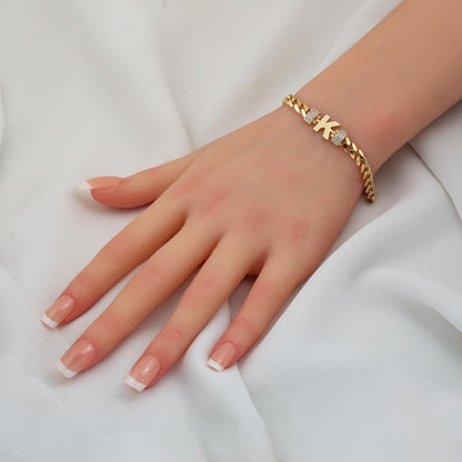 14K Yellow Gold Curb Chain K Initial Cubic Zirconia Bracelet