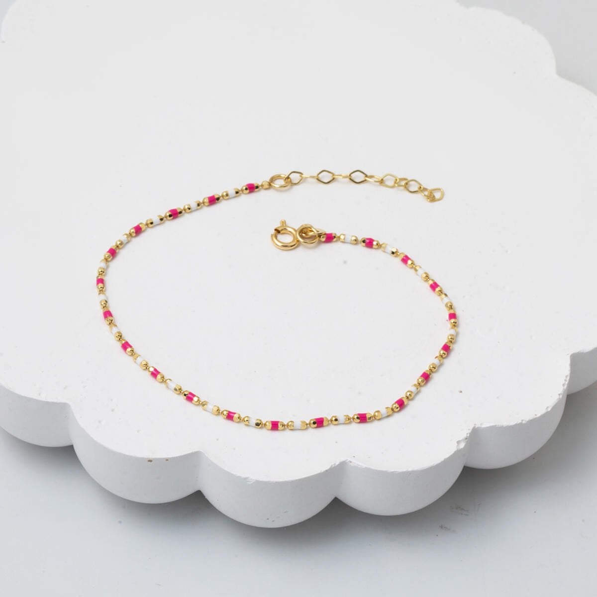 14K Yellow Gold Pink Enamel Chain Bracelet