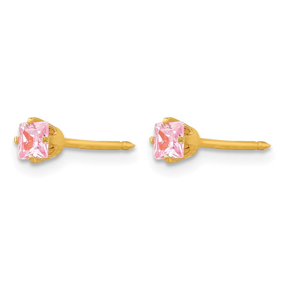 14K Yellow Gold 3mm Square Pink CZ Post Earrings