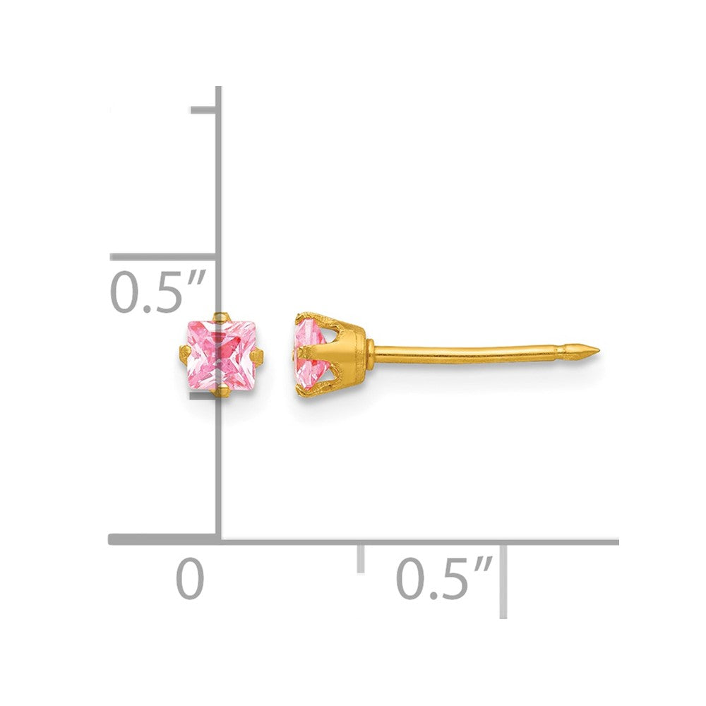 14K Yellow Gold 3mm Square Pink CZ Post Earrings