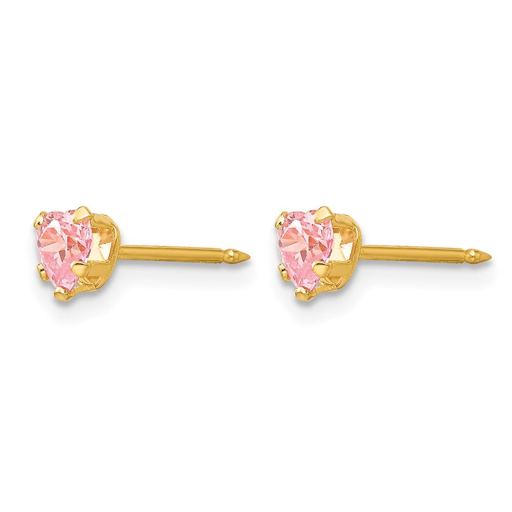 14K Yellow Gold 4mm Pink Heart CZ Earrings