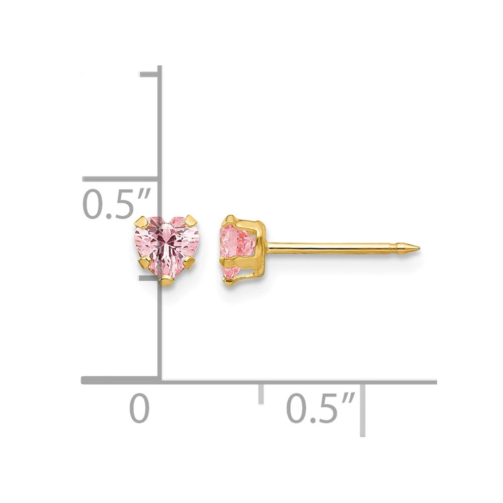 14K Yellow Gold 4mm Pink Heart CZ Earrings