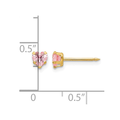 14K Yellow Gold 4mm Pink Heart CZ Earrings