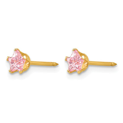 14K Yellow Gold 4mm Pink Star CZ Earrings