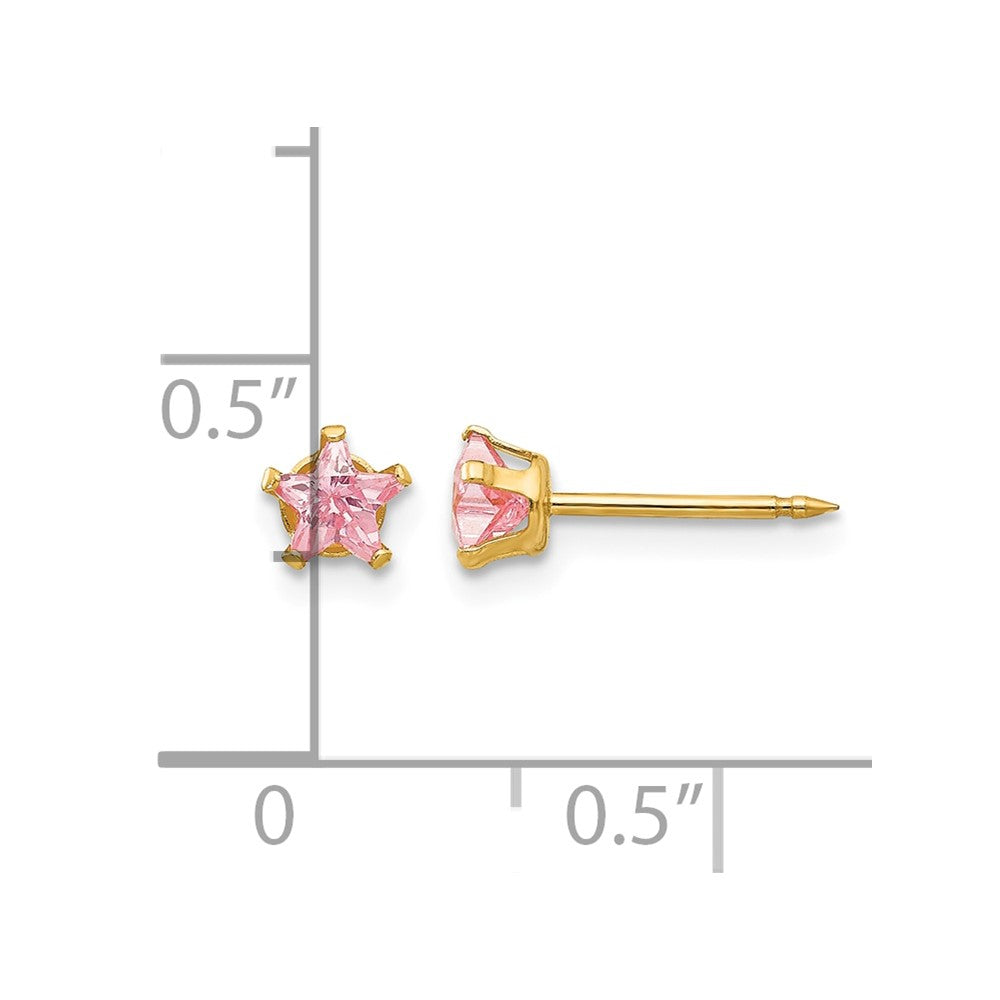 14K Yellow Gold 4mm Pink Star CZ Earrings