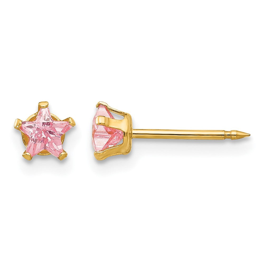 14K Yellow Gold 4mm Pink Star CZ Earrings