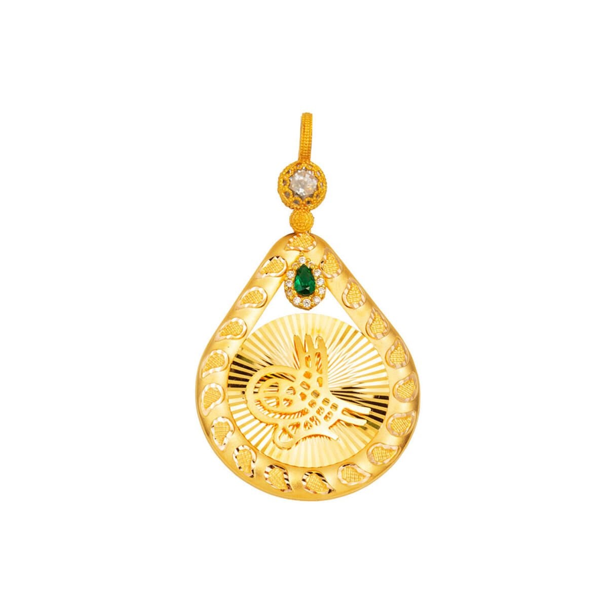 14K Yellow Gold Teardrop Sparkling Ottoman Tughra Cubic Zirconia Pendant