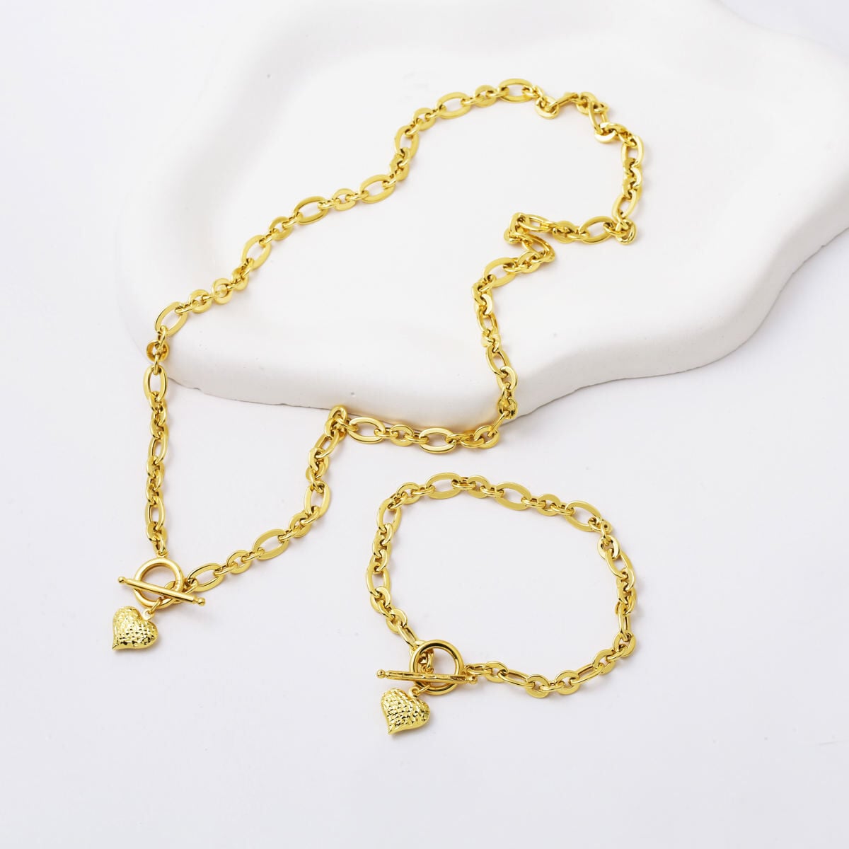 14K Yellow Gold Heart Chakra Hoop Lock Necklace and Bracelet Set