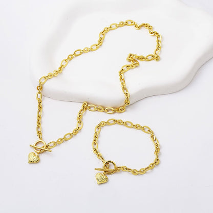 14K Yellow Gold Heart Chakra Hoop Lock Necklace and Bracelet Set