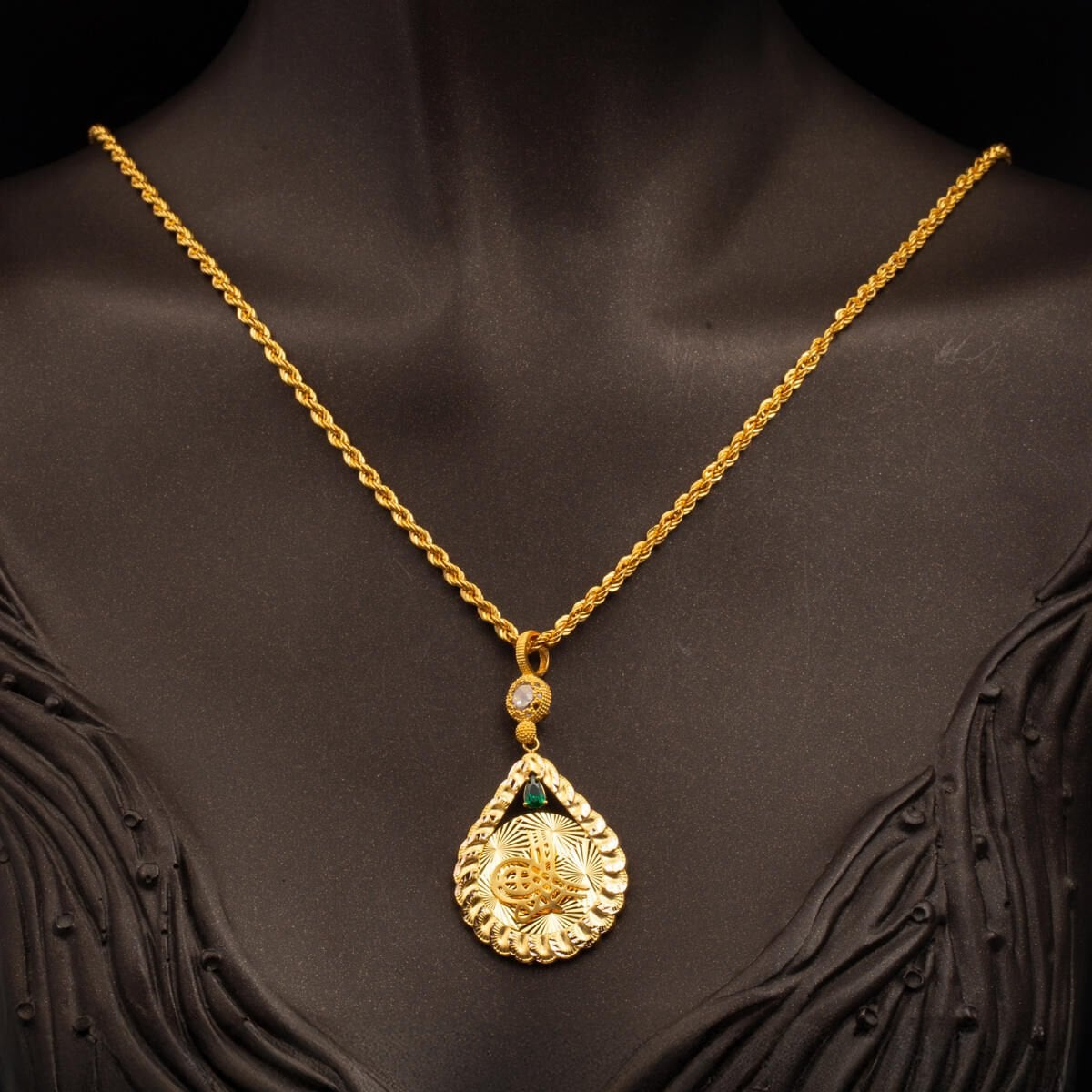 14K Yellow Gold Classic Ottoman Tughra Cubic Zirconia Necklace