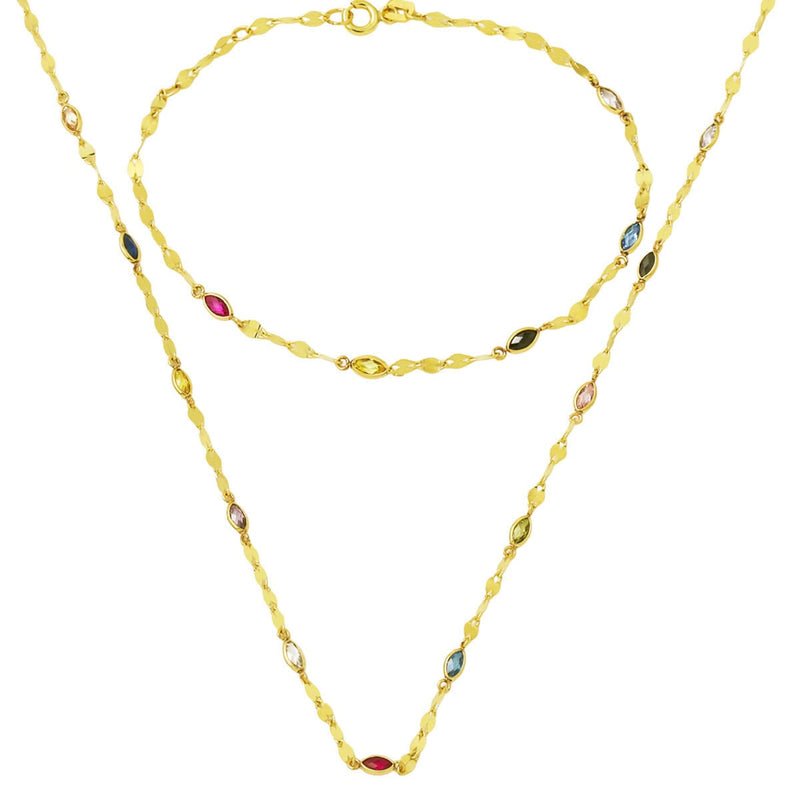 14K Yellow Gold Elegant Chain Colored Minimalist Necklace and Bracelet Set