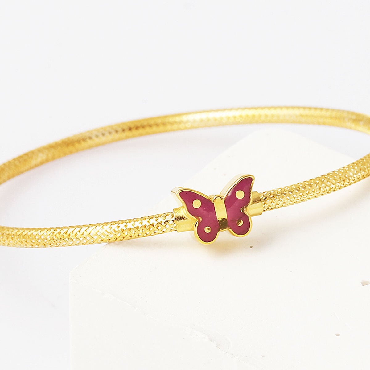 14K Yellow Gold Purple Butterfly Italian Children's Bangle