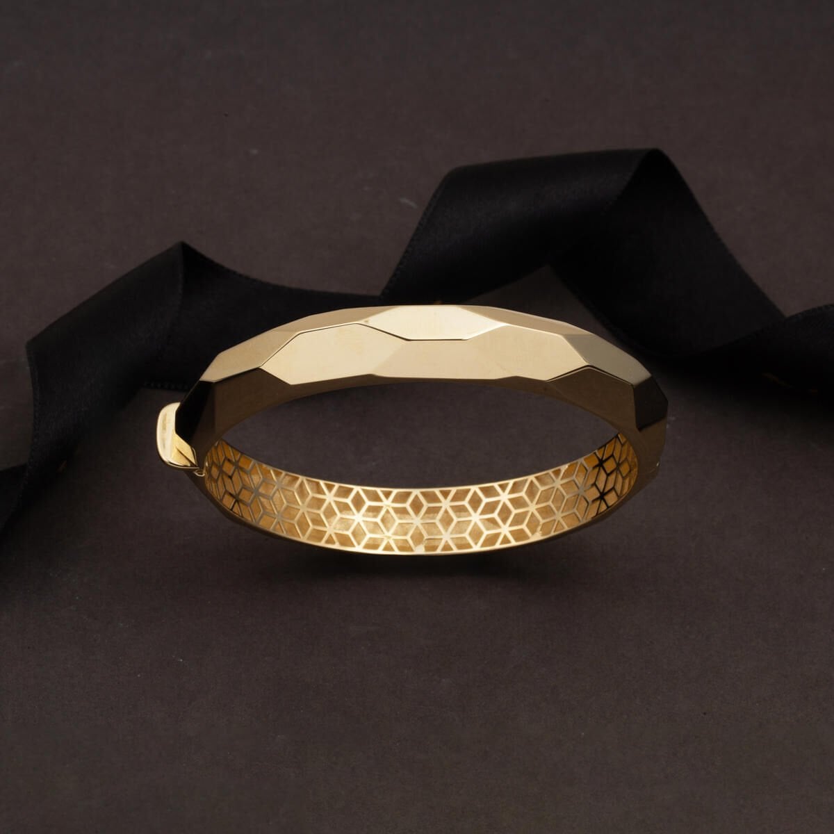 14K Yellow Gold Marquise Hand Engraved Hinged Cuff Bangle