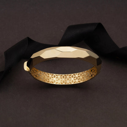 14K Yellow Gold Marquise Hand Engraved Hinged Cuff Bangle
