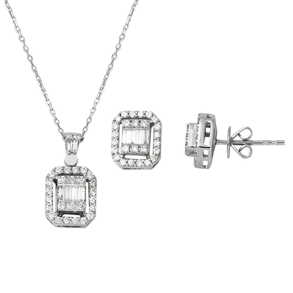 14K White Gold 0.67 Ct Baguette Diamond Necklace Earrings Set