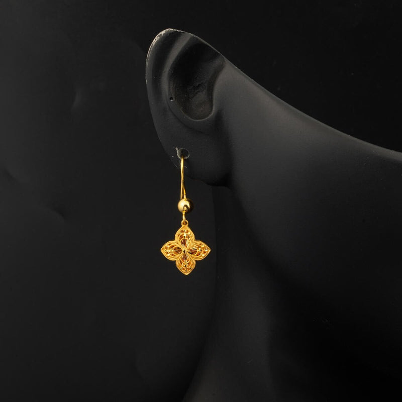 22K Yellow Gold Engraved Lily Dangle Earrings