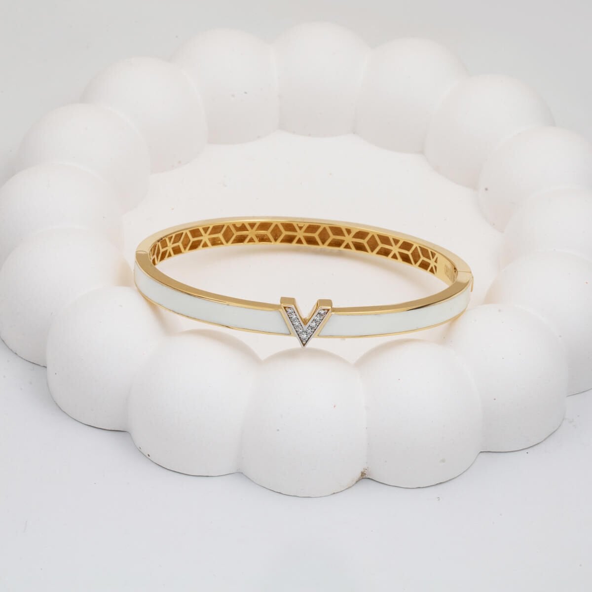 14K Yellow Gold White Enamel Designer Inspired Style Cubic Zirconia Bangle