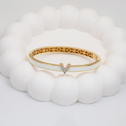 14K Yellow Gold White Enamel Designer Inspired Style Cubic Zirconia Bangle