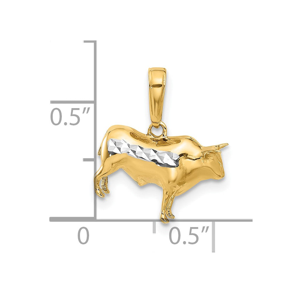 14K Yellow Gold and Rhodium Diamond-cut 3-D Bull Pendant