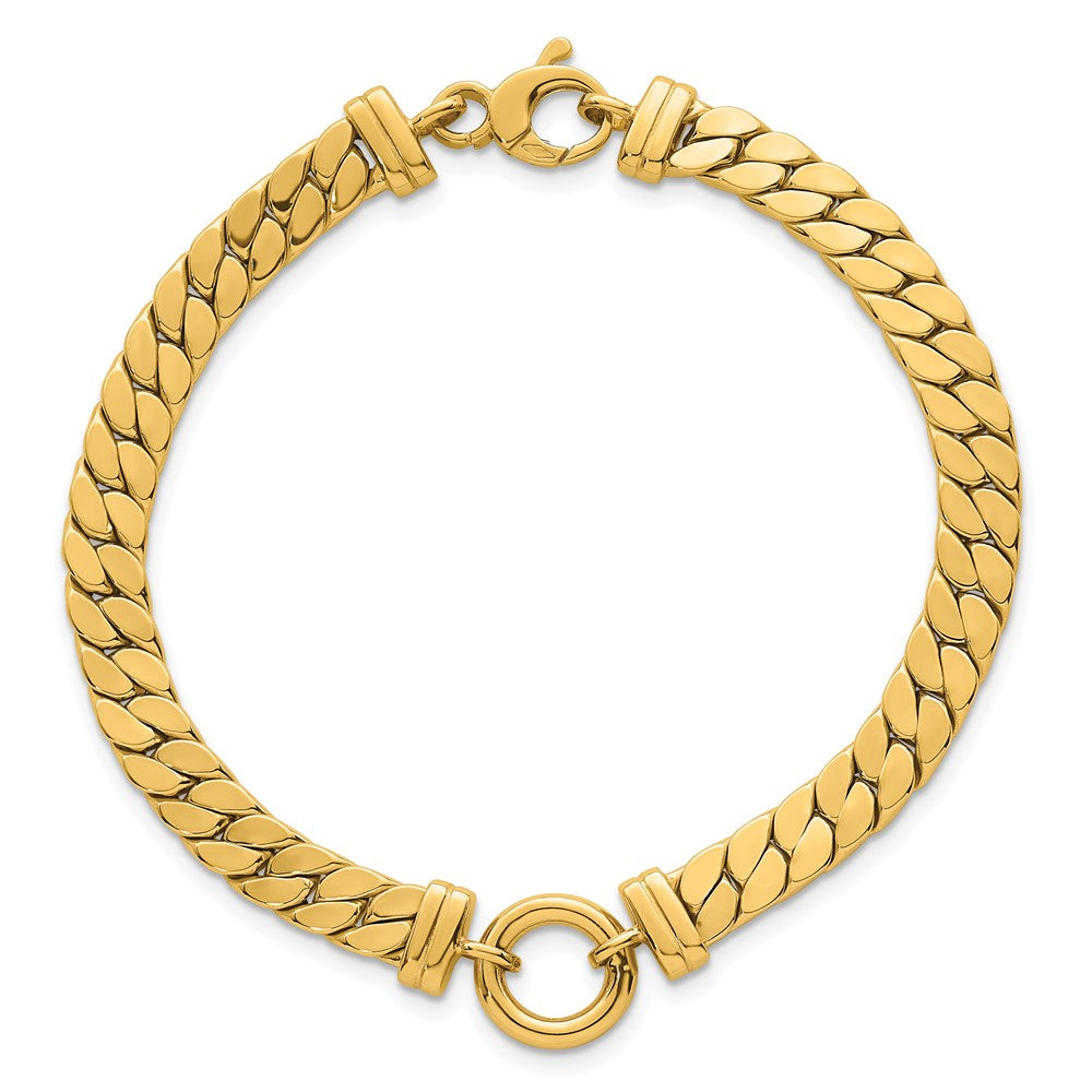 14K Yellow Gold Polished Flat Curb Link with Center Circle Element 7.5 Inch Bracelet