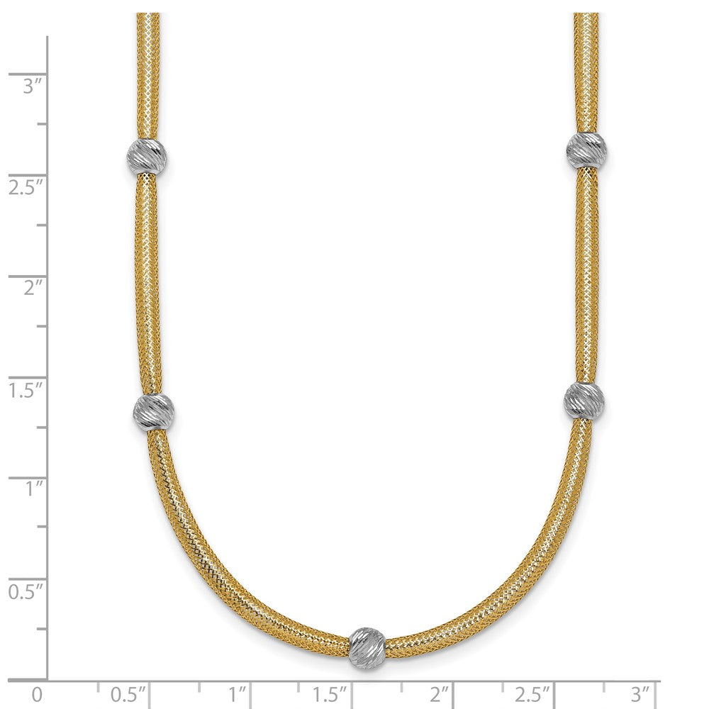 14K Yellow Gold Polished with Rhodium 5-Station Diamond-cut Beads 4mm Flexible Mesh 18 Inch Necklace