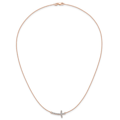 14K Rose Gold 1/10 carat Diamond Sideways Cross 18 Inch Necklace