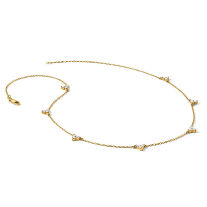 14K Yellow Gold Complete 7/8 carat Diamond 3-Stone Cluster 6-Station 16 Inch Necklace