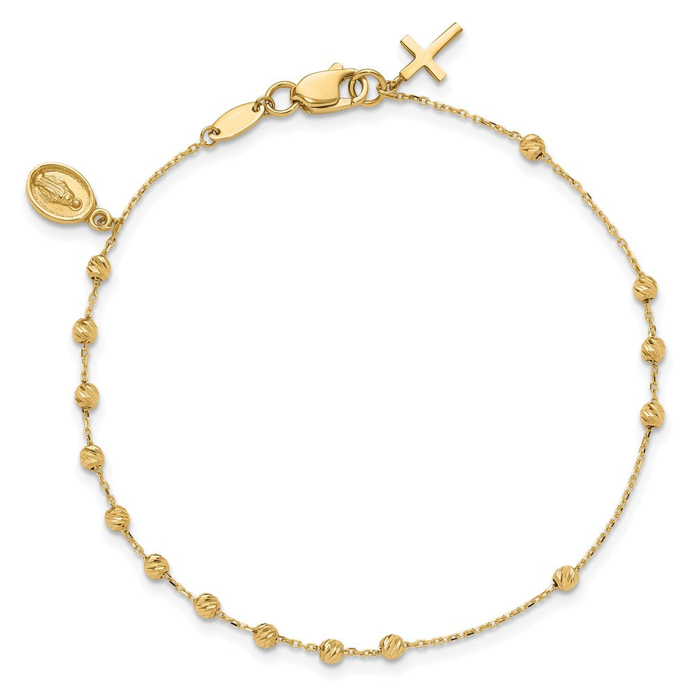 14K Yellow Gold Polished and Diamond-cut Miraculous Medal and Cross 7.5 Inch Rosary Bracelet