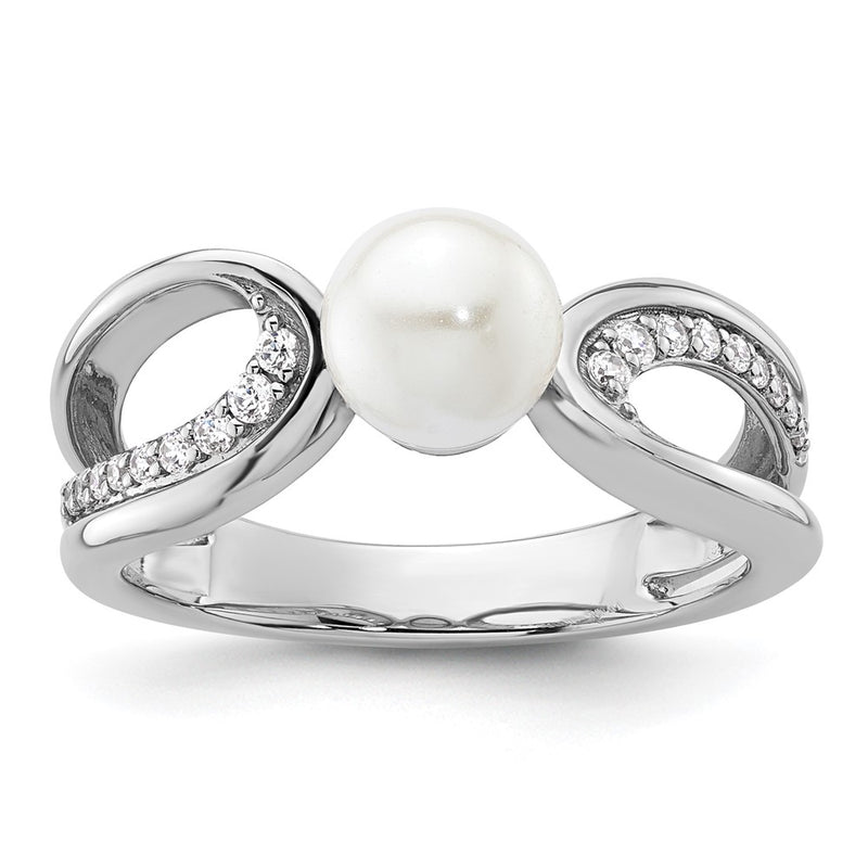 14K White Gold Polished 1/8 carat Diamond and White Freshwater Cultured Pearl Size 7 Ring