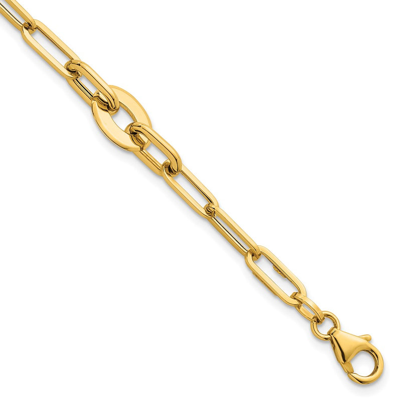 14K Yellow Gold Polished Flat Oval and Paperclip Link Chain Bracelet