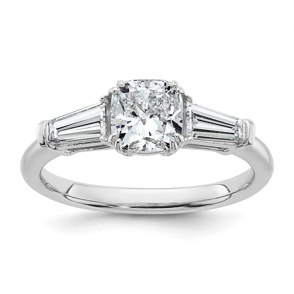 14K White Gold 1 1/2 carat Lab Grown Diamond VS+ F+ Cushion and Tapered Baguette Complete Three Stone Engagement Ring
