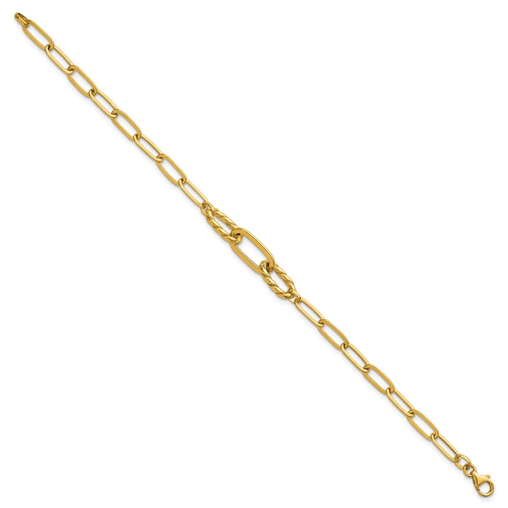 14K Yellow Gold Polished Fancy Oval and Twisted Link 7.5 Inch Paperclip Bracelet