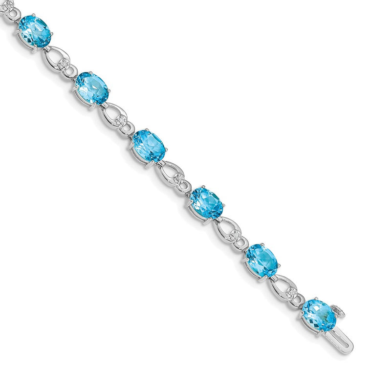 14K White Gold Complete Oval Swiss Blue Topaz and Diamond Fancy Link 7 Inch Bracelet