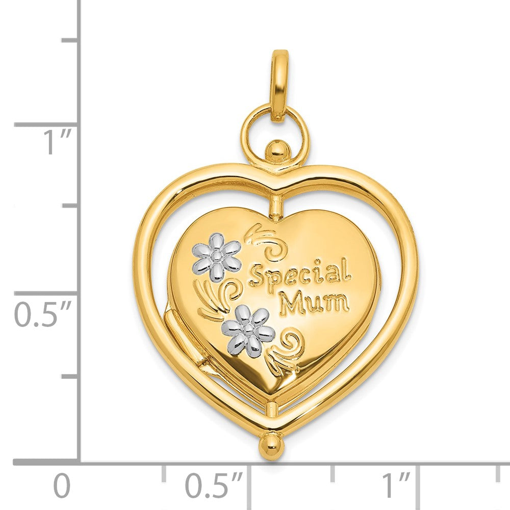 14K Yellow Gold and Rhodium Floral SPECIAL MUM and Tree in Spinning Frame Reversible 15mm Heart Locket