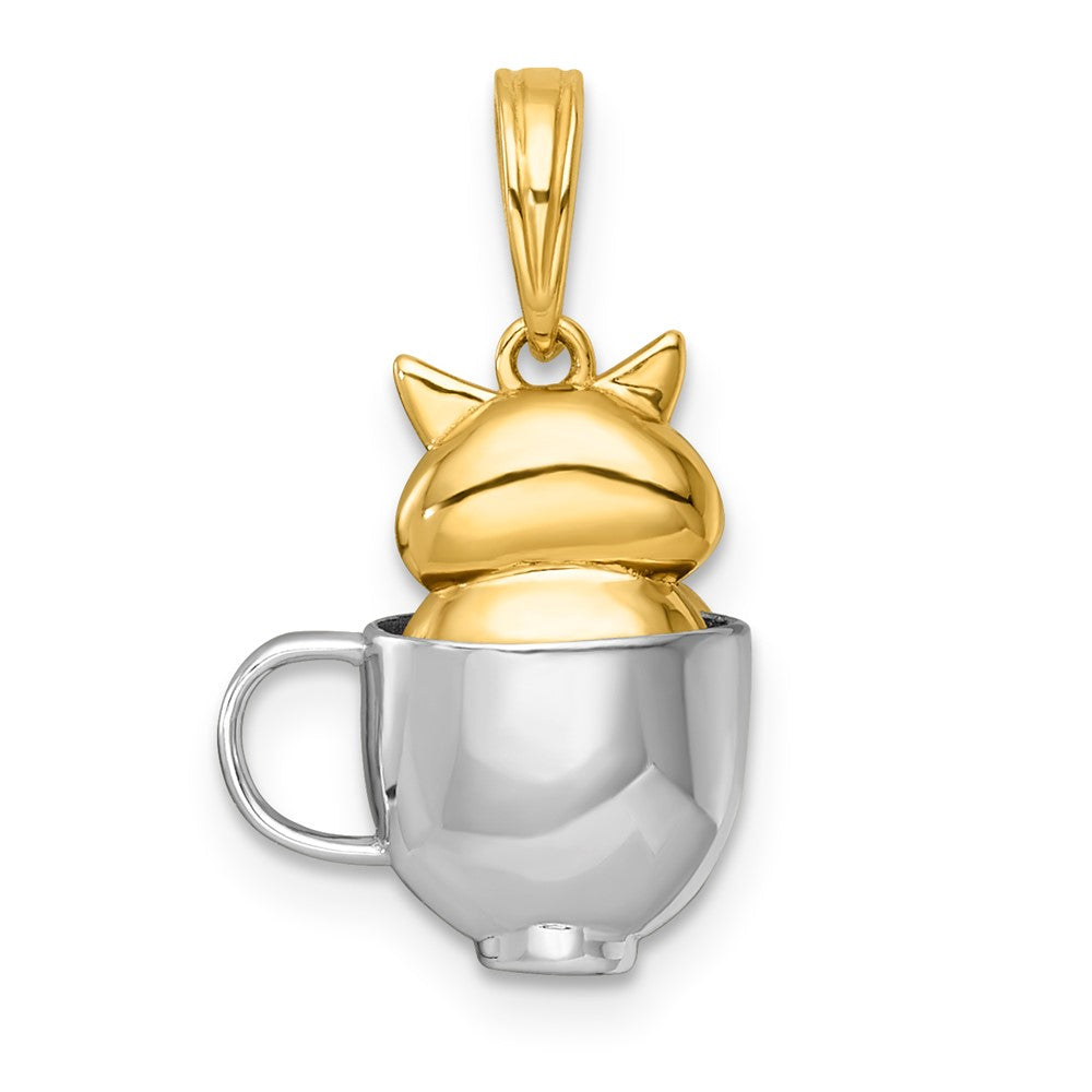 14K Yellow Gold with Rhodium Polished 3-D Cat In Mug Charm