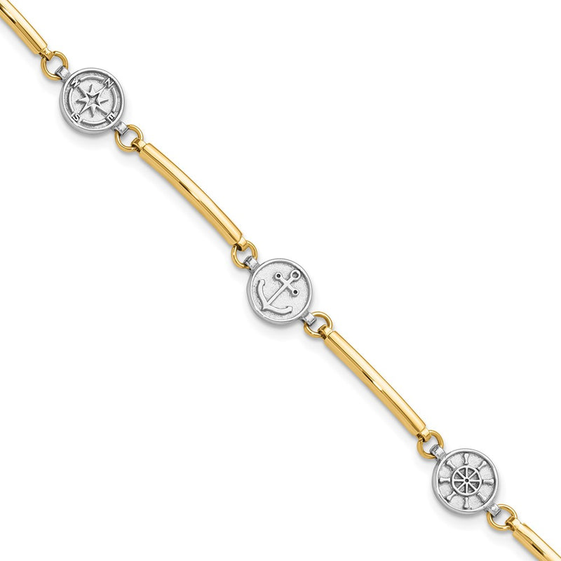 14K Two-Tone Gold Two-tone Polished Compass/Anchor/Ships Wheel 7 Inch Bracelet Plus 1 Inch Extender