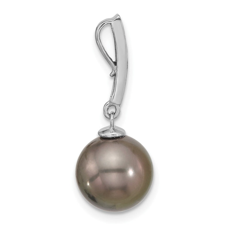 14K White Gold 10-11mm Black Round Tahitian Saltwater Cultured Pearl and .07 Carat Diamond Dangle Chain Slide