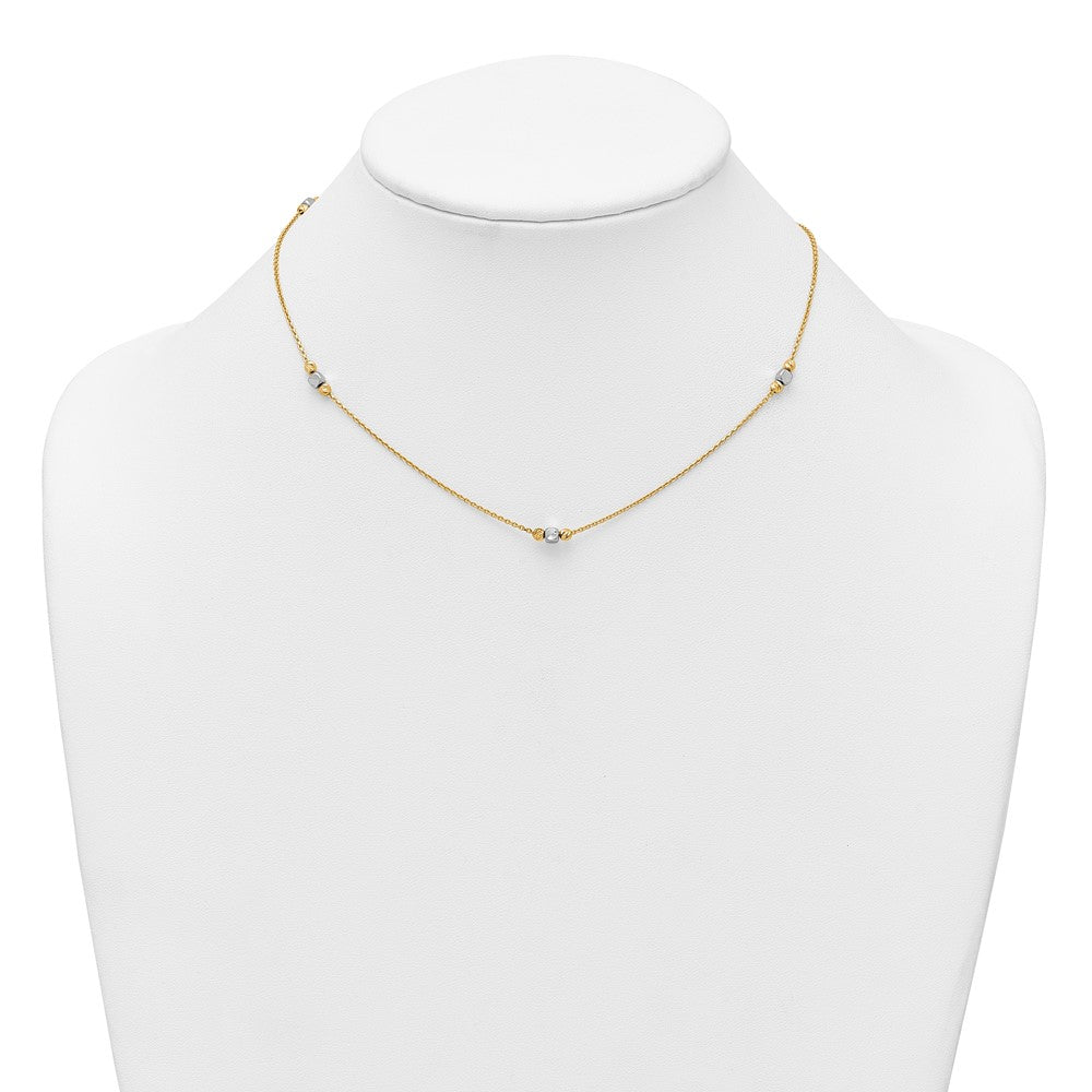 14K Two-Tone Gold Polished Diamond-cut and Square Bead 5-Station 16 Inch Necklace Plus 2 Inch Extender