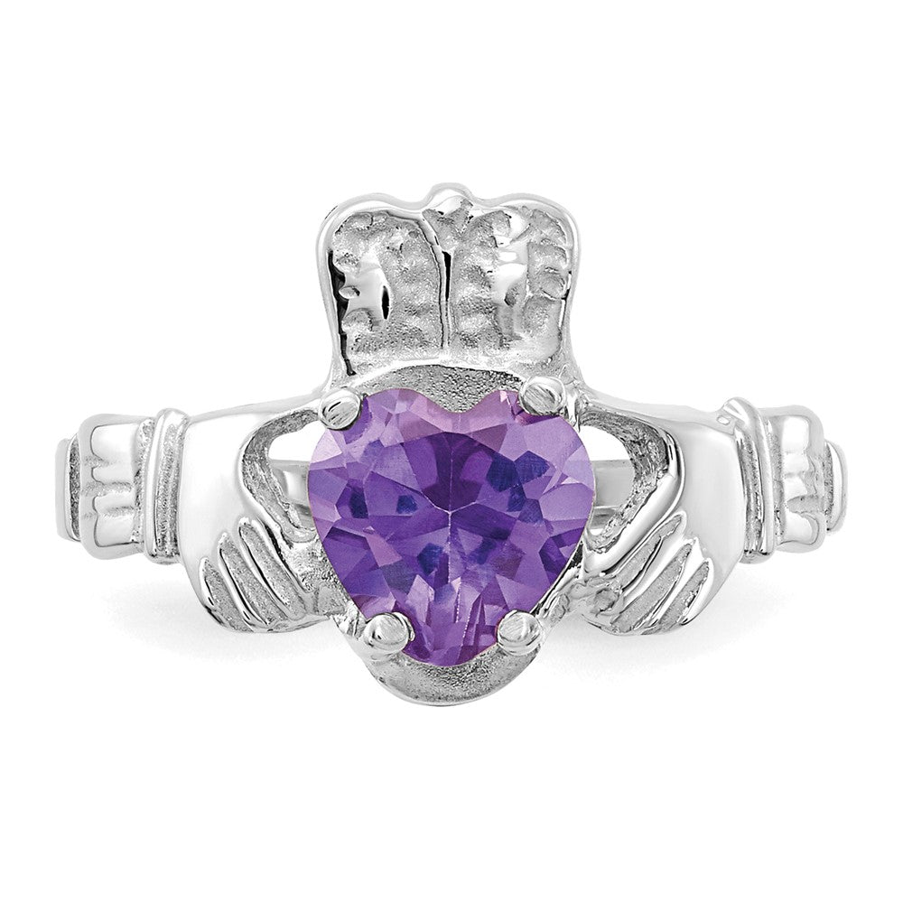 14K White Gold June CZ Heart Birthstone Claddagh Ring