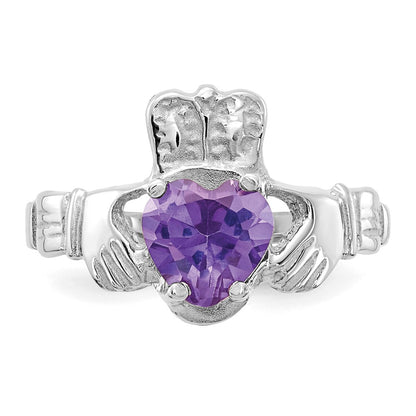 14K White Gold June CZ Heart Birthstone Claddagh Ring