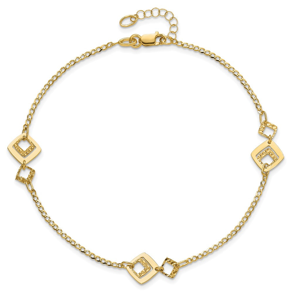 14K Yellow Gold Textured Squares 9 Inch Plus 1 Inch Extender - Total 10 Inch Anklet