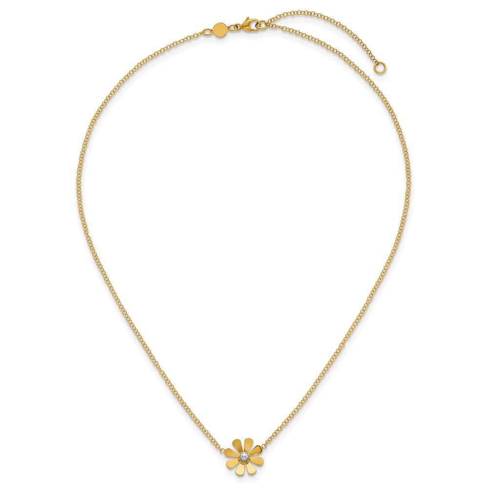 14K Yellow Gold Polished Daisy with Rhodium Center 16 Inch Necklace with 2 Inch Extender