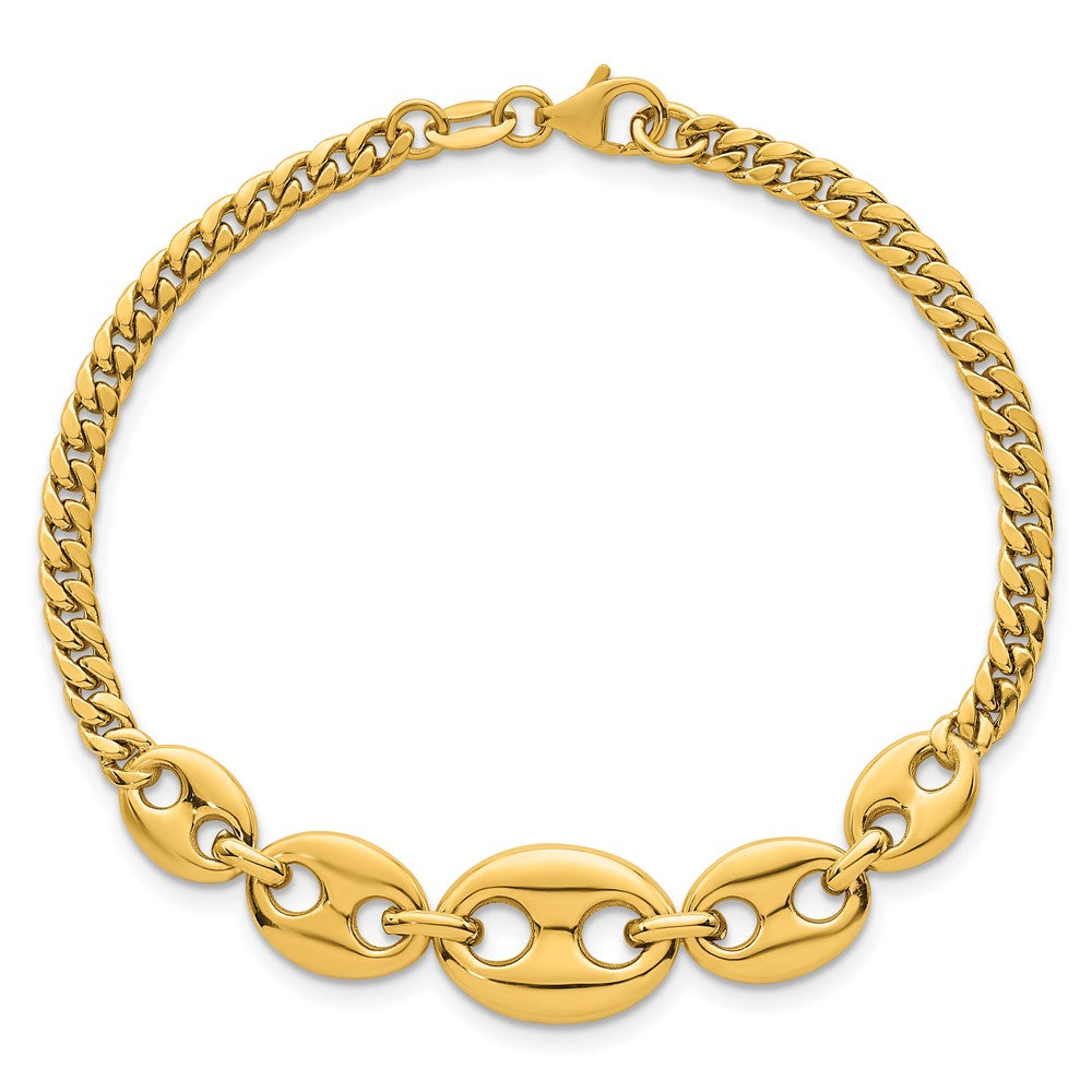 14K Yellow Gold Polished Graduated Puffed Mariner and Curb Link 7 Inch Bracelet