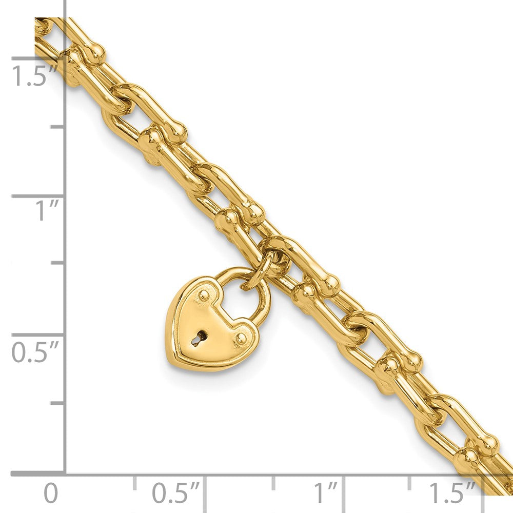14K Yellow Gold Polished Heart Lock Charm Fancy Link 7.5 Inch Bracelet