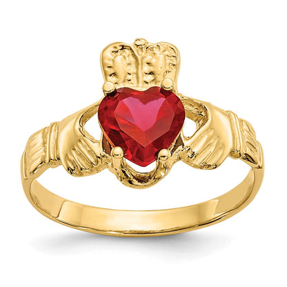 14K Yellow Gold July CZ Heart Birthstone Claddagh Ring