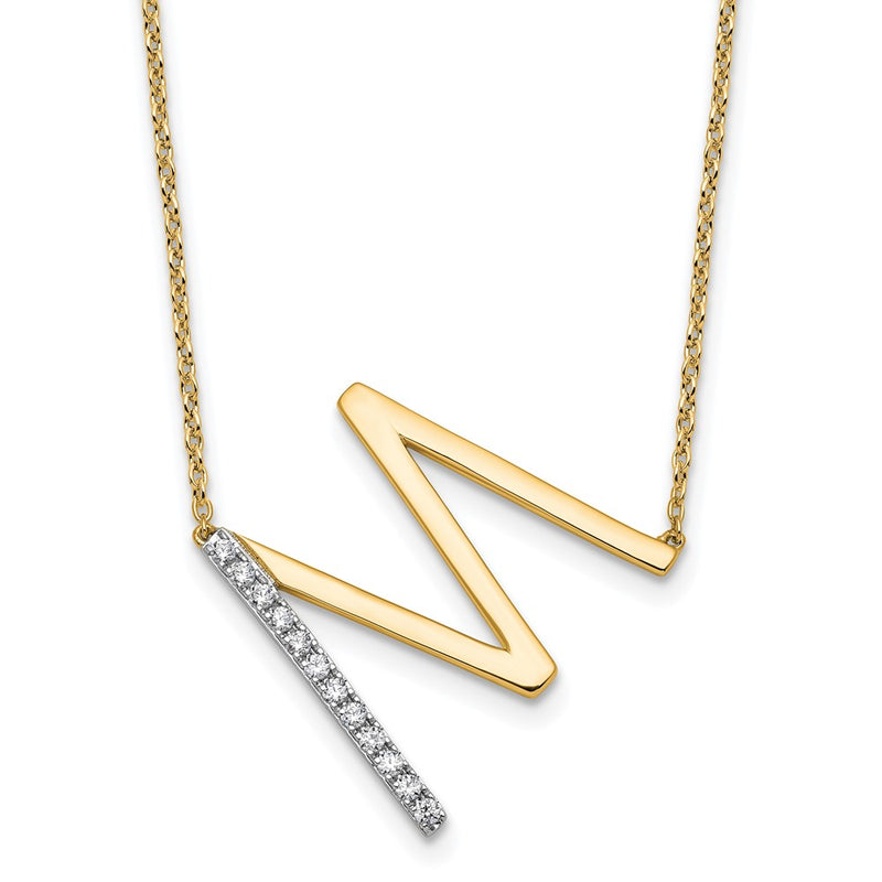 14K Yellow Gold Sideways Diamond Initial M 18 Inch Necklace