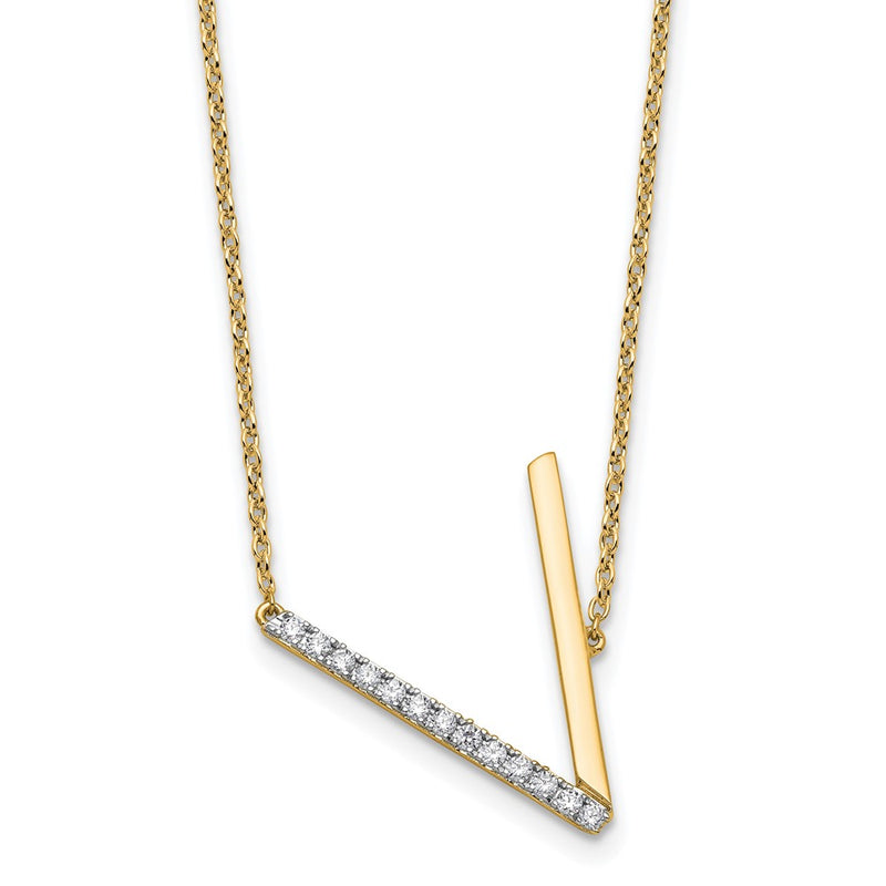 14K Yellow Gold Sideways Diamond Initial V 18 Inch Necklace