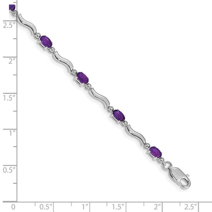 14K White Gold Complete Diamond and Oval Amethyst Wavy Link 7 Inch Bracelet