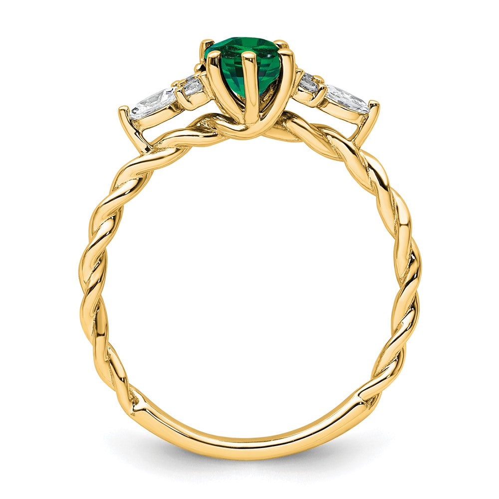 14K Yellow Gold Diamond and 7x5 Oval May/Lab Created Emerald Size 7 Twisted Ring